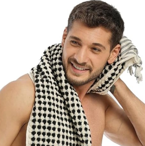 Turkish Cotton Spa Hair Peshtemal XL Hand Towel Black and Natural White Pom Pom - Picture 4 of 8